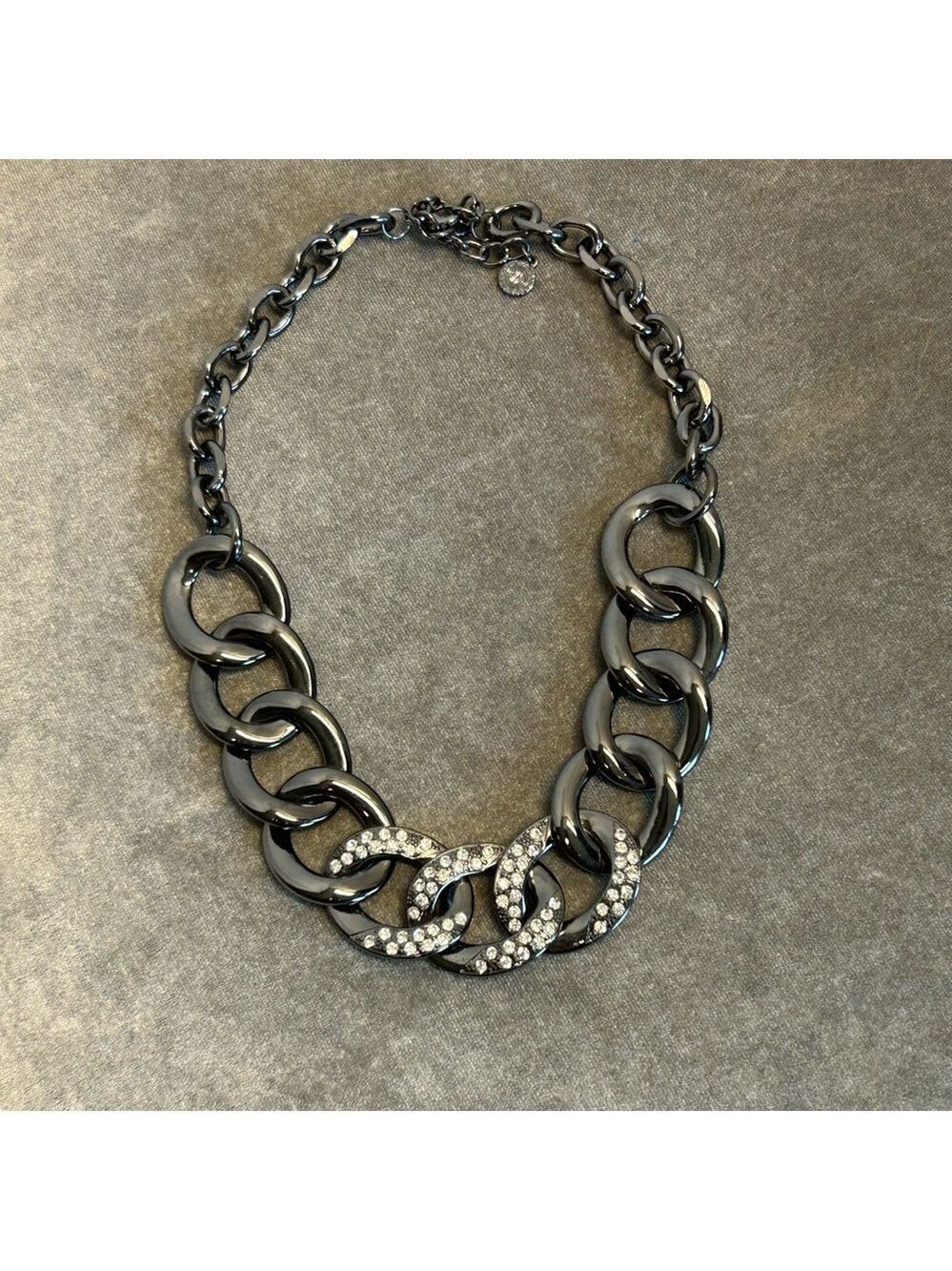 R.J. Graziano Gunmetal Silver tone Chrome chain link chunky necklace rhinestone